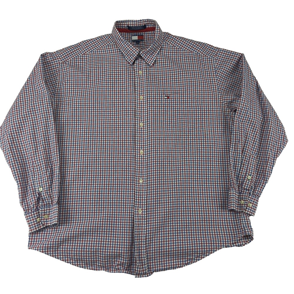 Vintage Tommy Hilfiger Plaid Button Down Shirt Men XL Red White Blue Long Sleeve